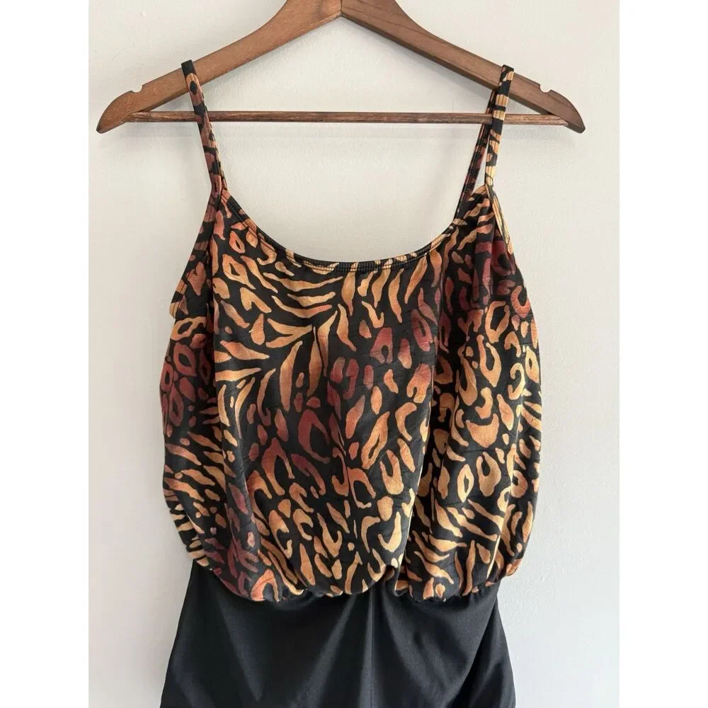 Vintage Robby Len Swimsuit One Piece Blouson Animal Print Retro 80s 90s Size 10